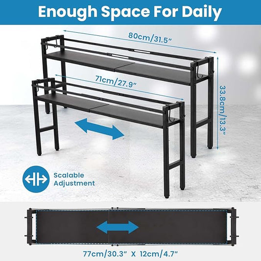 Stove Top Shelf, Extendable Spice Rack for Kitchen - Adjustable Over-the-Stove Shelf with 4 Hooks, Seasoning Organizer Countertop, Extra Space Saver (Black)