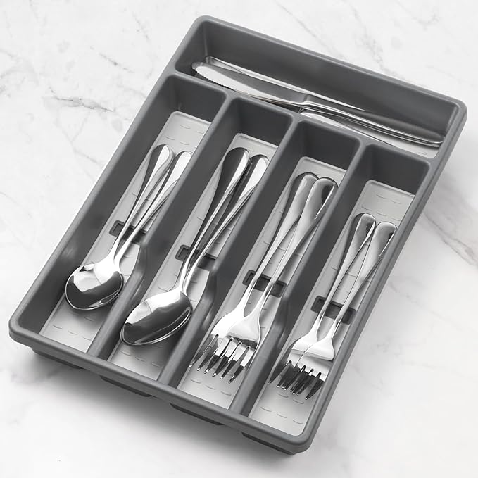Silverware Organizer with Cutlery Icons，Silverware Tray for Kitchen Drawer，Flatware Tableware Cultery Drawer Organizer Utensil Organizer with Non-slip TPR Linings，Kitchen Organization Essentials