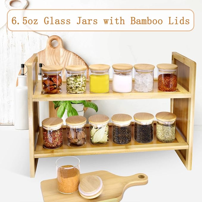 6.5 oz Glass Spice Jar with Bamboo Airtight Lids and Labels, Small Glass Food Storage Containers for Kitchen Pantry Organization Spices Tea Coffee Candy Herbs（16 Pack）