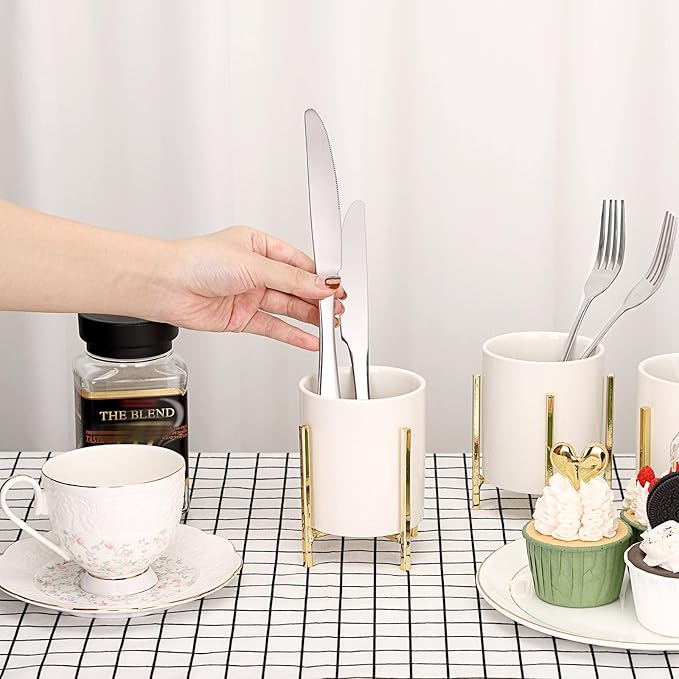 JUXYES Pack of 3 Ceramic Silverware Holder For Party Table, White Cutlery Holder Holder With Golden Metal Bracket, Small Flatware Caddy Organizer Utensil Holder Organizer for Kitchen Dining Tables