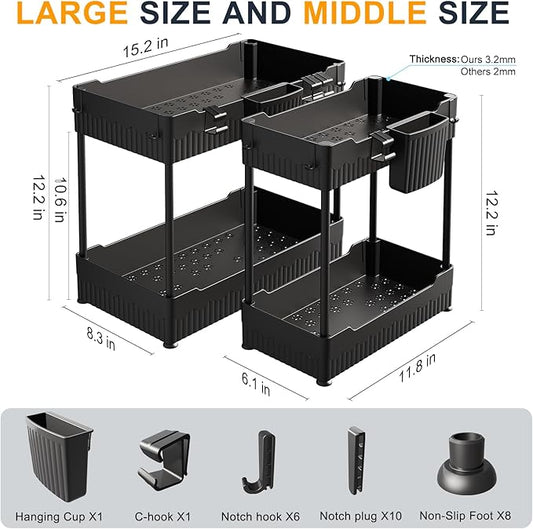 4 Pack Under Sink Organizers and Storage,Under Bathroom Cabinet Organizer with Hooks Hanging Cup,Multi-Purpose Storage Shelf for Kitchen Bathroom,Black (4 Pack Black)