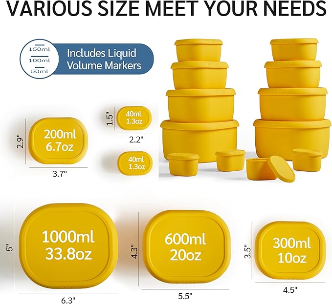 ISSEVE 12Pcs/Set Nesting Silicone Food Storage Containers with Lids, BPA Free Reusable Meal Prep Silicone Containers Airtight, Freezer Dishwasher Safe (33.8oz, 20oz, 10oz, 6.7oz, 1.3oz) (Yellow)