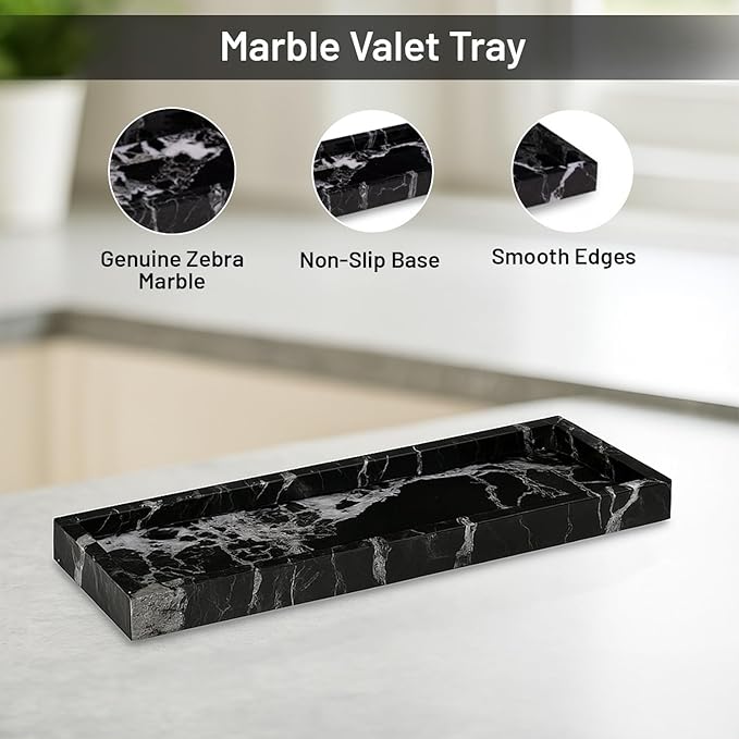 Bey-Berk Atticus Black Zebra Marble Vanity Tray – Handcrafted Stone Organizer for Bathroom Countertop Accessories