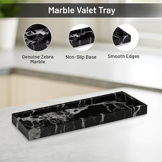 Bey-Berk Atticus Black Zebra Marble Vanity Tray – Handcrafted Stone Organizer for Bathroom Countertop Accessories