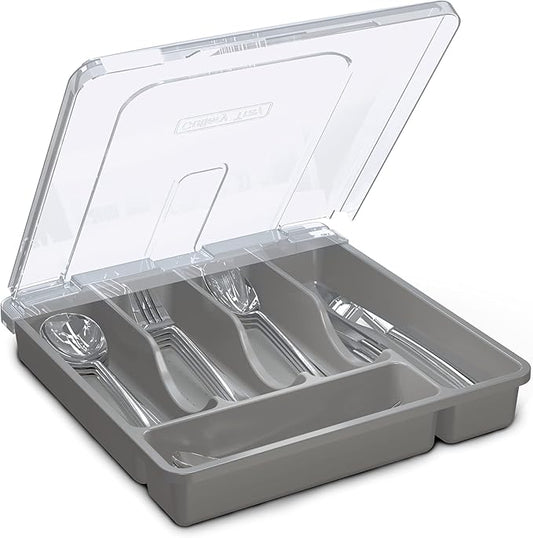 Utensil Holder for Countertop with Lid, Plastic Silverware Tray for Drawer, 5 Compartments Flatware Organizer, Gray