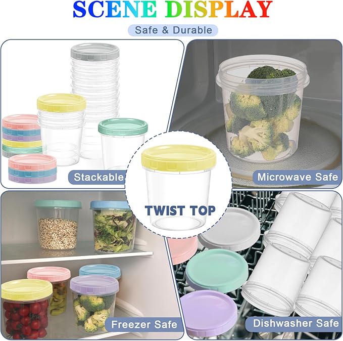 12pcs 32 oz Plastic Containers with Screw Top Lids, Reusable Clear Food Storage Containers with Pen and Brush, Leakproof Freezer Soup Containers, Microwave & Dishwasher Safe