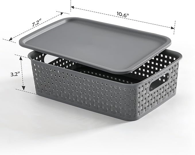 NETANY [ 8 Pack ] Plastic Storage Baskets With Lids, Small Pantry Organization, Stackable Storage Bins, Household Organizers for Cabinets, Countertop, Drawers, Under Sink or On Shelves,Gray