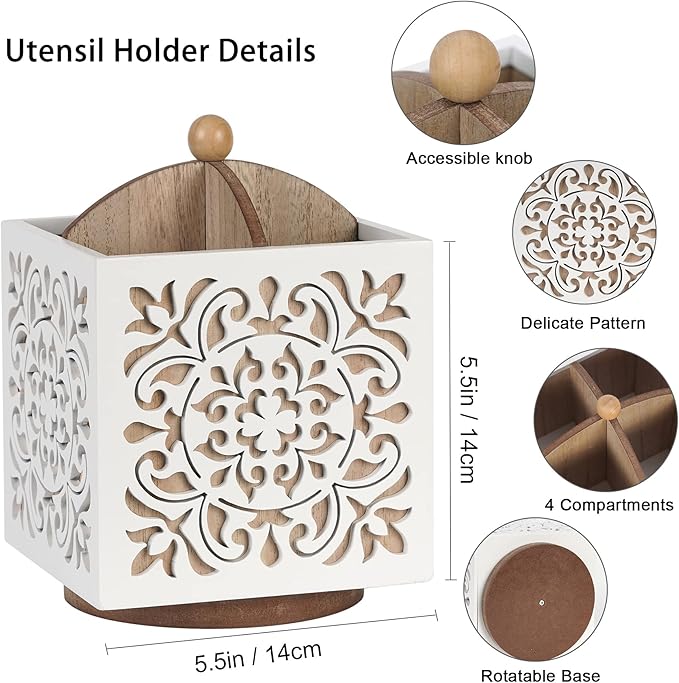 Rotating Utensil Holder for Kitchen Counter, Wood Utensil Organizer Silverware Organizer Rustic Cutlery Holder Utensil Crock, White Flatware Organizer Utensil Caddy for Forks, Spoons, Knives