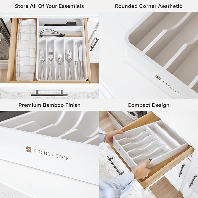 Silverware Organizer - Cutlery, Flatware, and Utensil Holder for Kitchen Drawers, Fixed 10.5” Width, 7 Storage Compartments, Non-Slip Feet, Rounded Corners, 100% Bamboo, White Finish
