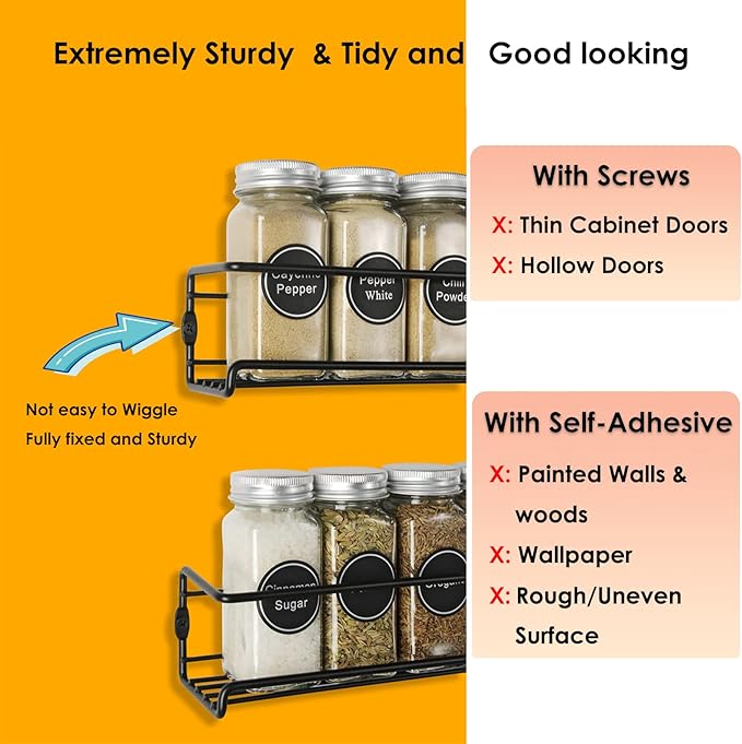 4Pcs Spice Rack Wall Mount Space Upgrade of Bolded Saving Spice Organizer for Spice Jars and Seasonings,Screw or Adhesive Hanging Spice Shelf Rack Organizer for Kitchen Cabinet Pantry Door