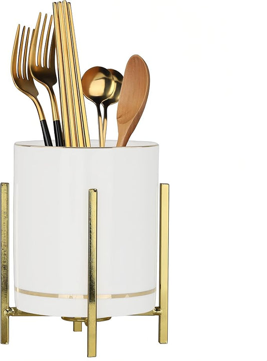 Fork and Spoon Holder Cute, Gold Spoon Stand, Countertop Silverware Holder, Small Utensil Holder for Kitchen Countertop, Ceramic Cup with Gold Trim, Kitchen Decor, 1 Pc