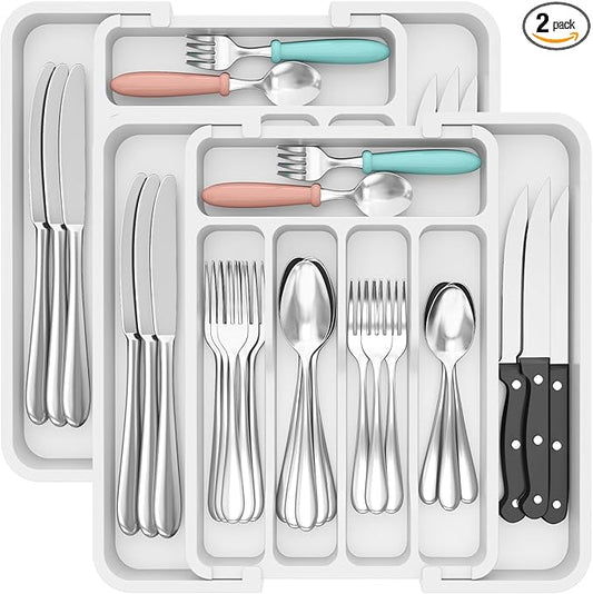 Lifewit Silverware Drawer Organizer, Expandable BPA Free Utensil Tray for Kitchen, Adjustable Flatware and Cutlery Holder for Spoons Forks Knives, Plastic Kitchen Organizers and Storage, White