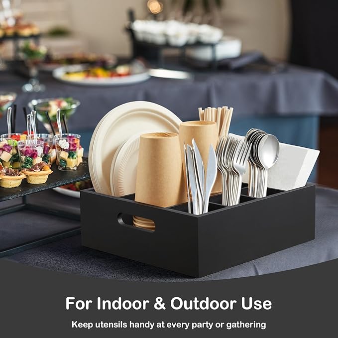 Black Wood Utensil Holder for Party - Paper Plate Organizer for Countertop - Silverware Caddy with 6 Compartments for Plate Cup Fork Spoon - Cutlery Holder for Kitchen Camping Buffet