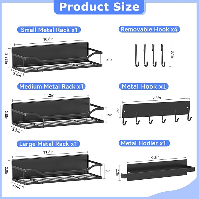 Magnetic Spice Rack for Refrigerator, 5 Pack Metal Strong Magnetic Shelf for Oven，Moveable Spice Organizer with Paper Towel Holder and Metal Hooks, Fridge Organizers and Kitchen Storage (Black)