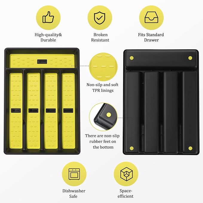 Silverware Organizer with Cutlery Icons，Silverware Tray for Kitchen Drawer，Plastic Flatware Tableware Cultery Drawer Organizer Utensil Organizer with Non-slip TPR Linings，5-Compartment，Yellow