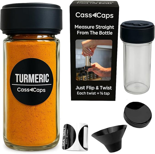 Glass Spice Jars & Measuring Caps Set - Twist Cap Measures 1/4 Tsp Spice Container Keeps Spices Fresh & Organized - 4oz Spice Jars with Lids Includes Labels & Funnel – 1 Pack