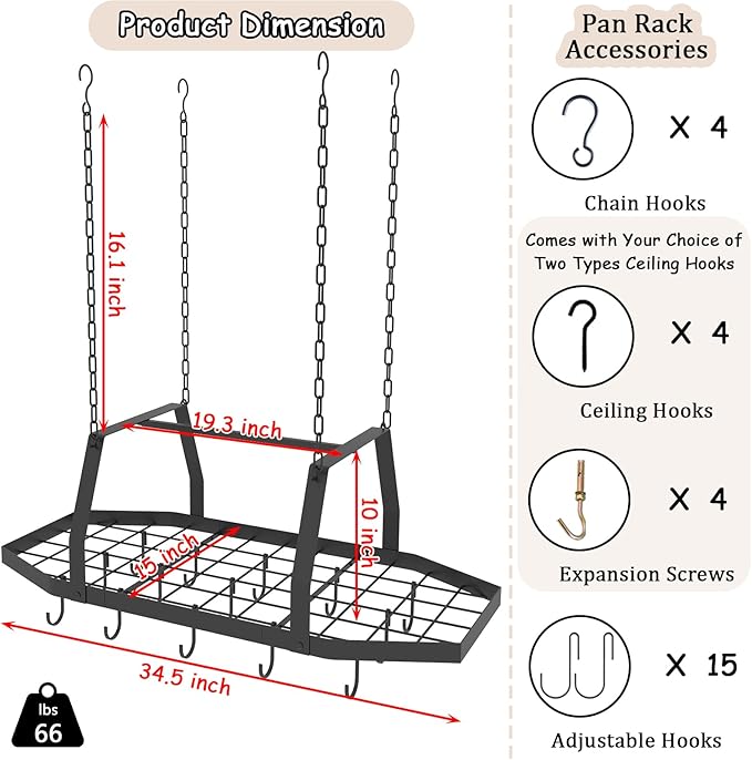 Hexagon Ceiling Pot Rack Hanging Pan Rack Hanging with 15 Hooks, 34" Metal Hanging Pots and Pans Ceiling Mount Organizer Rack, Pot and Pan Hangers for Kitchen Cookware Utensils