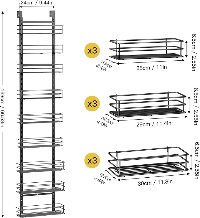 Pantry Door Organizer 12 Inch Wide, 9 Tier Hanging Adjustable Over the Door Spice Rack For Narrow Space,Matt Black