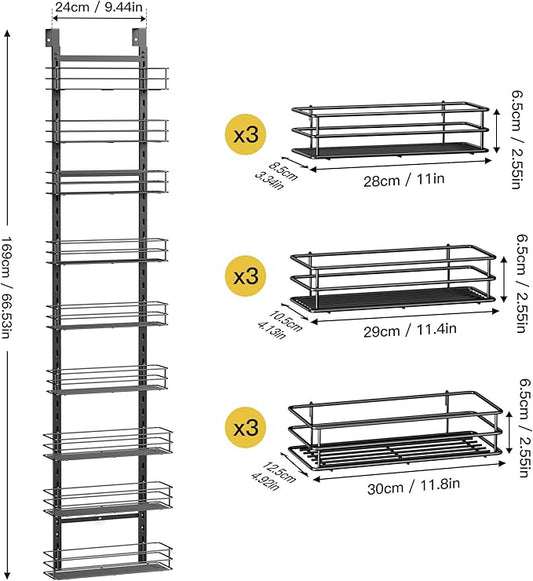 Pantry Door Organizer 12 Inch Wide, 9 Tier Hanging Adjustable Over the Door Spice Rack For Narrow Space,Matt Black
