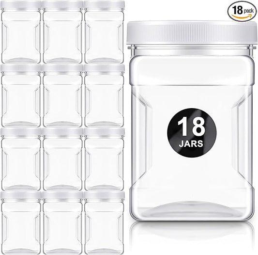 Gerrii 18 Pcs Clear Plastic Storage Jars with Lids, 27 oz Square Plastic Containers, Paint Storage Containers with Easy Grip Handles, Reusable Wide Mouth Canisters