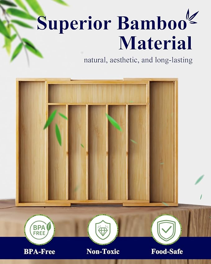 Kitsure Large Thickened Silverware Organizer - Expandable Bamboo Kitchen Drawer Organizer for Cooking Utensils and Cutlery, Sturdy Kitchen Organizers and Storage Solution, 18.5"×13.3"×1.8"