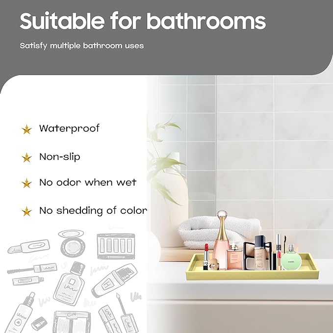 Vanity and Bathroom Tray, 15" ABS Countertop Organizer,Waterproof Vanity Tray for Toilet Tank,Perfume,Soap,Keys,Bathroom Accessories,Kitchen and Bath Trays,Non Slip Small Trays,Gold