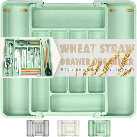 FANCILLA Silverware Organizer for Kitchen Drawers, Wheat Straw Large Expandable Utensil Drawer Organizer, BPA Free Adjustable Cutlery Holder, Dishwasher Safe Flatware Tray, 6-8 Slots (Turquoise)