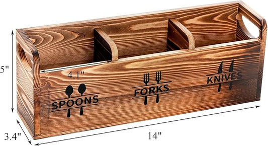 Fasmov 2 Pack Silverware Caddy, Wooden Utensil Caddy Silverware Cutlery Holder with 3 Compartment, Utensil Holder for Spoons, Knives, Forks, Perfect for Kitchen Decor and Countertop