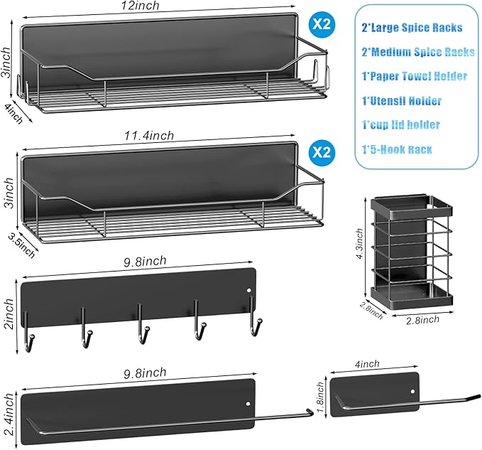 Magnetic Spice Rack for Refrigerator,8 Pack Magnetic Fridge Shelf, Moveable Spice Organizer with Hook Rack, Paper Towel Holder, Utensil Holder,cup lid holder, Super Magnetic Rack Set (Black)