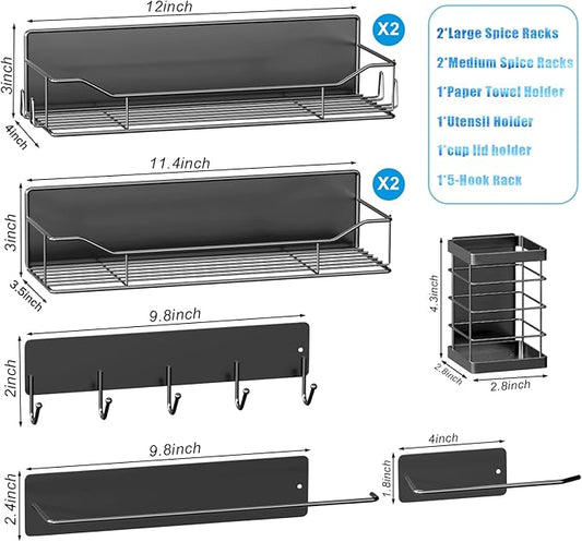 Magnetic Spice Rack for Refrigerator,8 Pack Magnetic Fridge Shelf, Moveable Spice Organizer with Hook Rack, Paper Towel Holder, Utensil Holder,cup lid holder, Super Magnetic Rack Set (Black)
