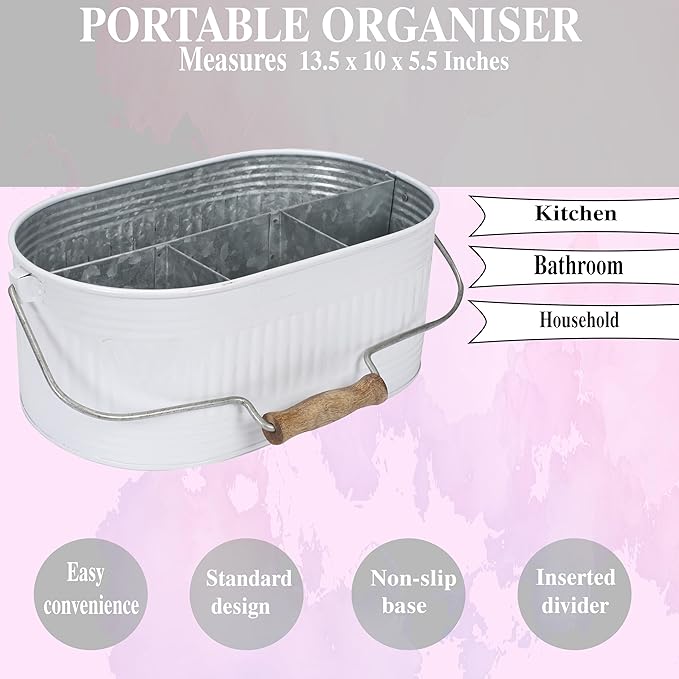 CLEENTABLE Galvanized Utensil Caddy – Rustic Farmhouse Chic Multi-Compartment Organizer for Kitchen, Parties & Picnics (13.5" L x 10" W x 5.5" H)