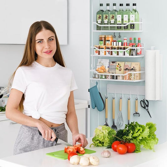 Magnetic Spice Rack for Refrigerator, 5 Pack Metal Strong Magnetic Shelf for Oven，Moveable Spice Organizer with Paper Towel Holder and Metal Hooks, Fridge Organizers and Kitchen Storage (White)