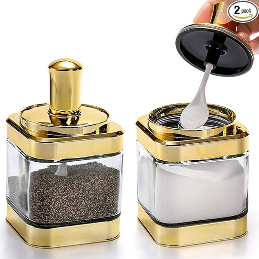2 Pack Glass Condiment Pot, 12 Ounce Gold Spice Jars with Spoon, Seasoning Box Set Salt Container, Sugar Dispense, Kitchen Containers for Flour and Sugar