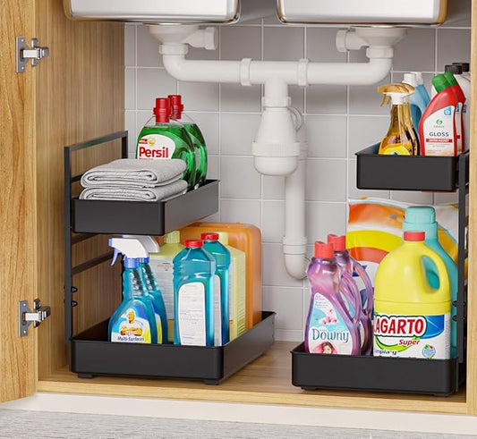 EVERIE Height Adjustable 2 Tier Metal Pull Out Slide Shelf Organizer for Under Sink Cabinets in Kitchen, Bathroom, with Snap-on Top Tray, 16" Deep (Black, 2 Sets)