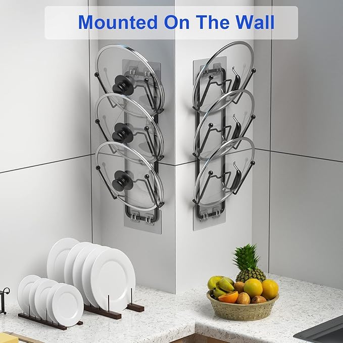 2 Pack Pot Lid Organizer for Cabinet, 2 in 1 Wall Mount & Adhesive Pot Lid Holder Rack for Kitchen Storage 6 Tier Pan Lid Organizer for Easy & Tidy Kitchen Organization