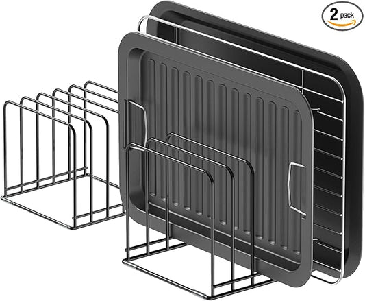 Kitchen Cabinet Organizer, Steel Cookware Holder, Divided Holder with 5 Slots for Skillets Baking Tray and Chopping Board Rack - Baking Pan Holder Storage (2 PCS)