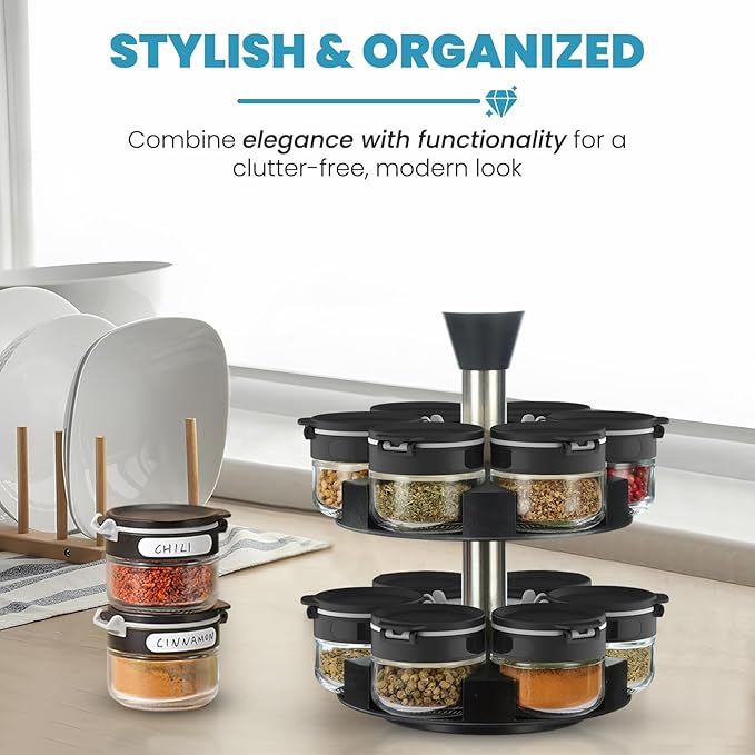 Black Rotating Spice Rack With Jars, Spinning Spice Rack For Countertop - Revolving Tower Organizer for Kitchen Seasonings - Kitchen Carousel Storage, Stainless Steel, 12 Jars
