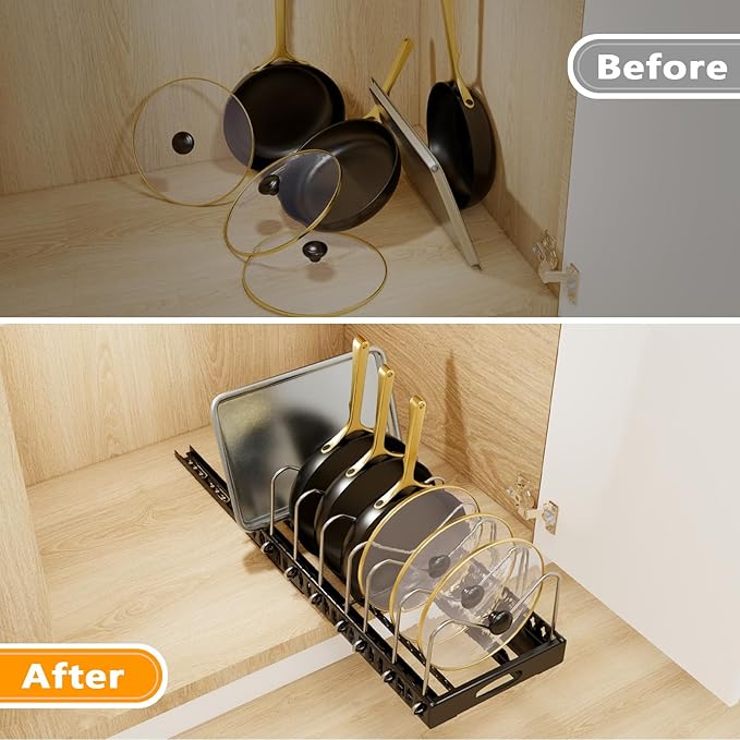 Pull Out Pots and Pans Organizer Under Cabinet, 2 Pack Pots and Pans Organizer, Sliding Lid Holder and Pan Rack in Kitchen, Slide Out inside Cabinet Storage for Pot Lid, Bakeware, Dishes, Black