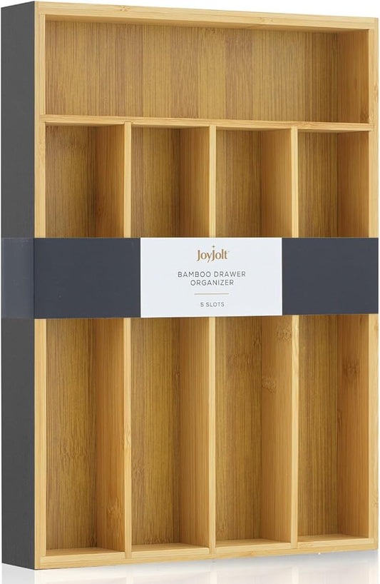 JoyJolt Bamboo Drawer Organizer for Kitchen Utensils, Drawer Divider for Large Cutlery and Silverware, Flatware Holder Tray, 5-Compartment Silverware Organizer, Garage Kitchen & Junk Drawer Organizer