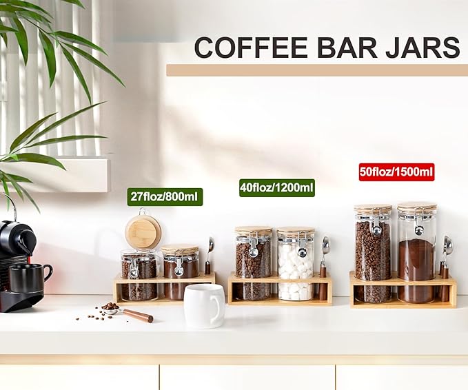 KKC HOME ACCENTS Airtight Glass Coffee and Sugar Storage Canisters with Sealed Clamp Lids and Scoops, Air tight Glass Coffee bean Containers for Ground Coffee,Loose Leaf Tea,Brown Sugar,50 FL OZ