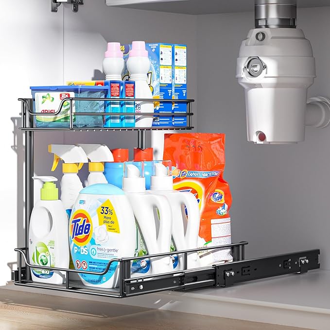 LAMU Under Sink Organizer, Pull Out Cabinet Organizer with Upgraded Slides, Slide Out Sink Shelf Cabinet Storage Shelves, Storages for Kitchen Bathroom