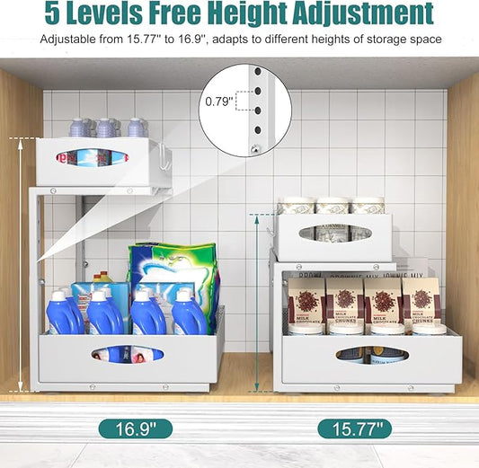 1 Pack Large Under Sink Organizer, 2 Tier Metal Pull Out Under Sink Storage with Sliding Mesh Drawers, Height Adjustable Slide Out Under Cabinet Organizer for Kitchen Bathroom, White