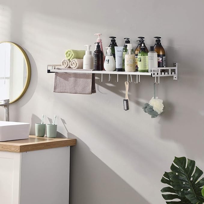 Wall Mounted Pots and Pans Rack with 16 Hooks, Stainless Steel Wall Shelf for Kitchen Bathroom Bedroom Pantry (36" by 12")