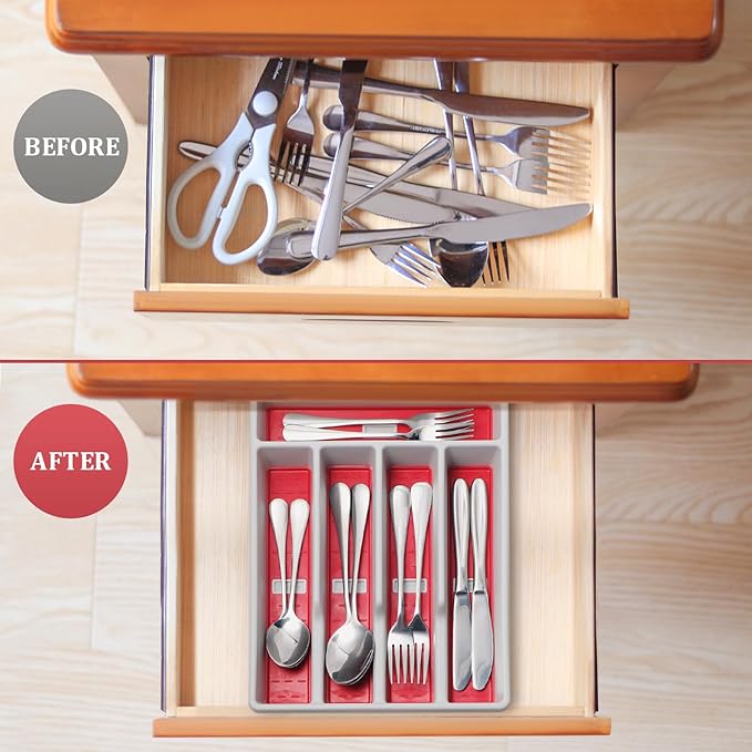 Silverware Organizer with Cutlery Icons，Silverware Tray for Kitchen Drawer，Flatware Tableware Cultery Drawer Organizer Utensil Organizer with Non-slip TPR Linings，Kitchen Organization Essentials