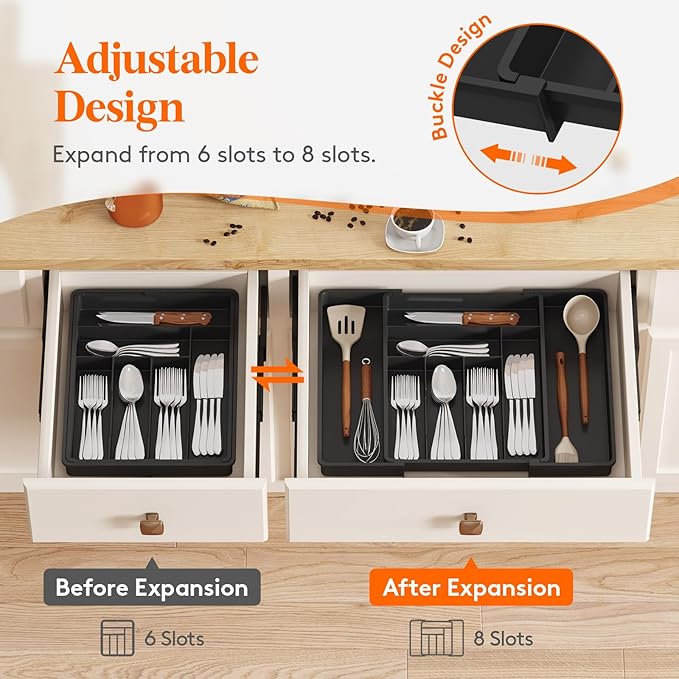 Lifewit Expandable Silverware Drawer Organizer, 22.4 x 16.7 x 2 inches, Adjustable Utensil Cutlery Tray for kitchen, Plastic Flatware Spoon Fork Knives Holder Storage Divider,2 Pack, Black