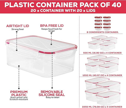 Utopia Kitchen Plastic Food Storage Containers with Lids Airtight - Pack of 40 (20 Containers & 20 Lids)- Reusable & Leftover Food Lunch Boxes - Leak Proof, Freezer & Microwave Safe Rice Containers