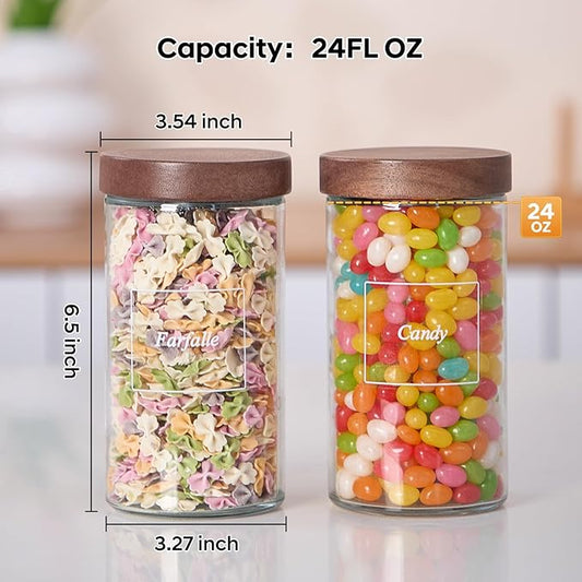 Glass Storage Jars with Labels, 6 Pack -24oz Clear Glass Food Storage Containers with Airtight Acacia Lid,Kitchen Canisters for Candy,Cookie,Rice,Sugar,Flour,Pasta,Nuts and Spice Jars