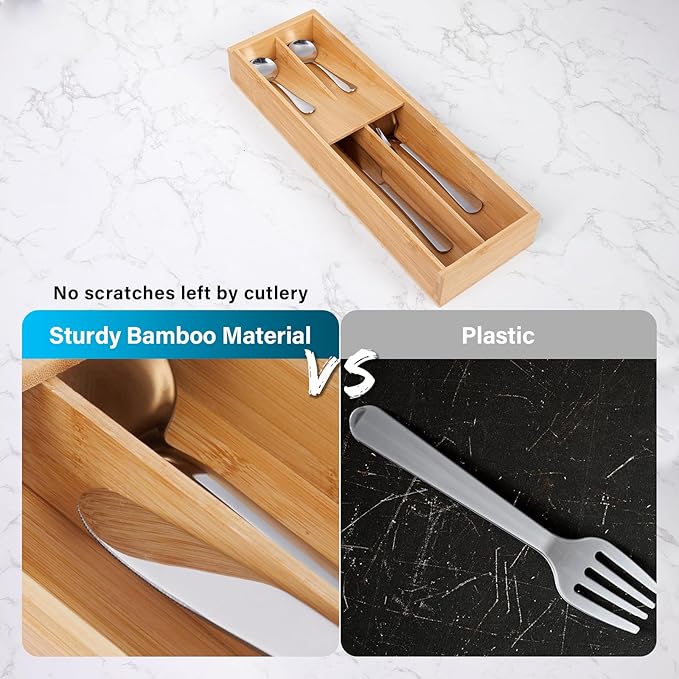 Bamboo Silverware Drawer Organizer, Kitchen Utensil Tray Holder Organizer, Drawer Storage Organization for Flatware, Cutlery, Spoon, Forks and Knives 4 Slots