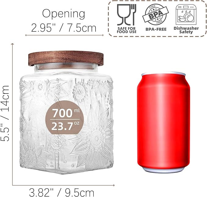 Glass Storage Jars With Airtight Lid, 23.7oz Container For Kitchen Counter with Wood Lid, brown sugar, candy, coffee, cookie, salt, tea, cute Jar (Square Sunflower)