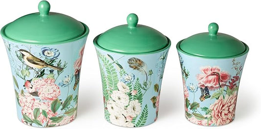 Flora Ceramic Canister Set – 3-Piece Airtight Storage Jars with Pastel Floral, Butterfly, and Dragonfly Designs, Perfect for Coffee, Sugar, Flour, Snacks, or Kitchen Countertop Décor